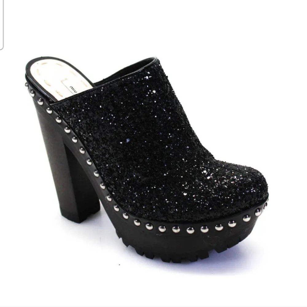 Miu Miu Womens Backless Leather Glitter Booties Black Size 8 NEW